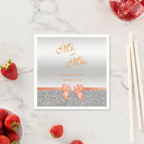 Romantic Coral Bow  Silver Glitter Wedding Napkins