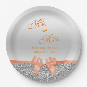 Romantic Coral Bow & Silver Glitter Wedding Paper Plates