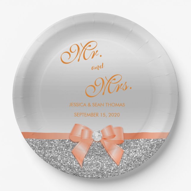 Romantic Coral Bow & Silver Glitter Wedding Paper Plates (Front)