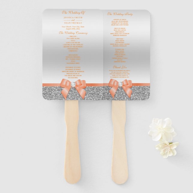 Romantic Coral Bow, Silver Glitter Wedding Program Hand Fan (Front and Back)