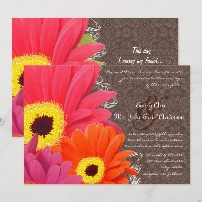 Romantic Coral Fuchsia Pink Gerber Daisy Wedding Invitation (Front/Back)