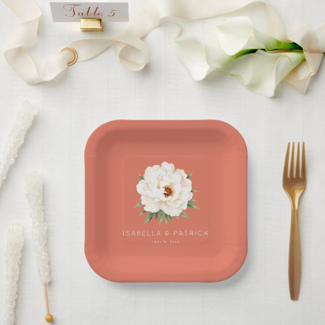 Romantic Coral Minimalist Peony Paper Plates (Wedding)