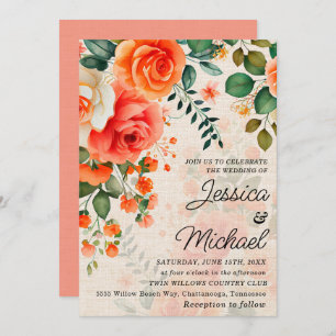 Romantic Coral Orange Floral Invitation
