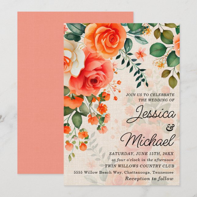 Romantic Coral Orange Floral  Invitation (Front/Back)