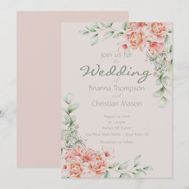Romantic Coral Peach Cream and Sage Green Floral   Invitation (Front/Back)