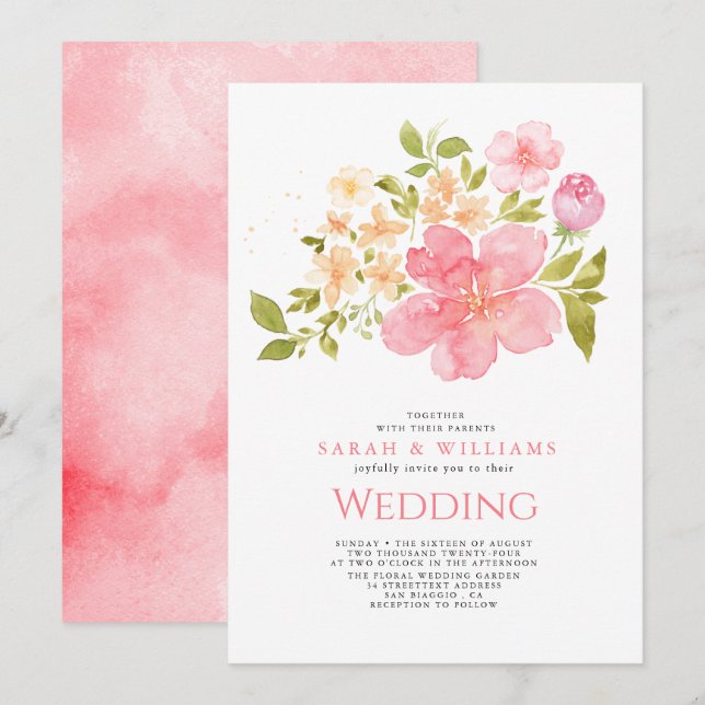 Romantic Coral Peach Flowers  Floral Boho Wedding  Invitation (Front/Back)