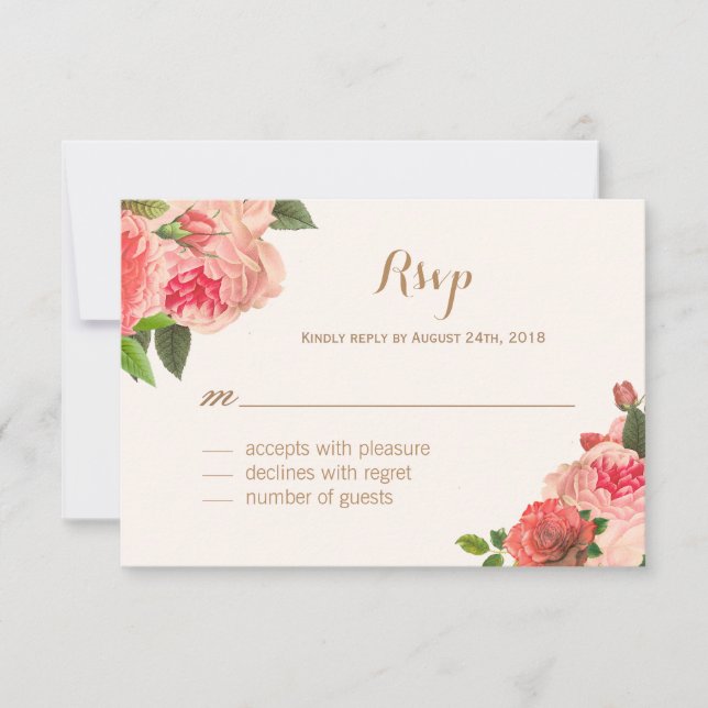 Romantic Coral Peonie and Gold Glitter RSVP Cards (Front)