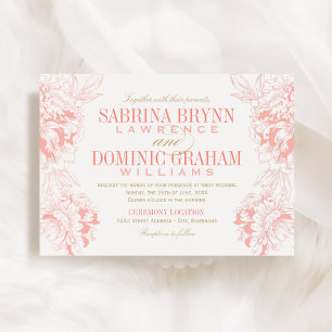 Romantic Coral Peony Frame Wedding Invitation