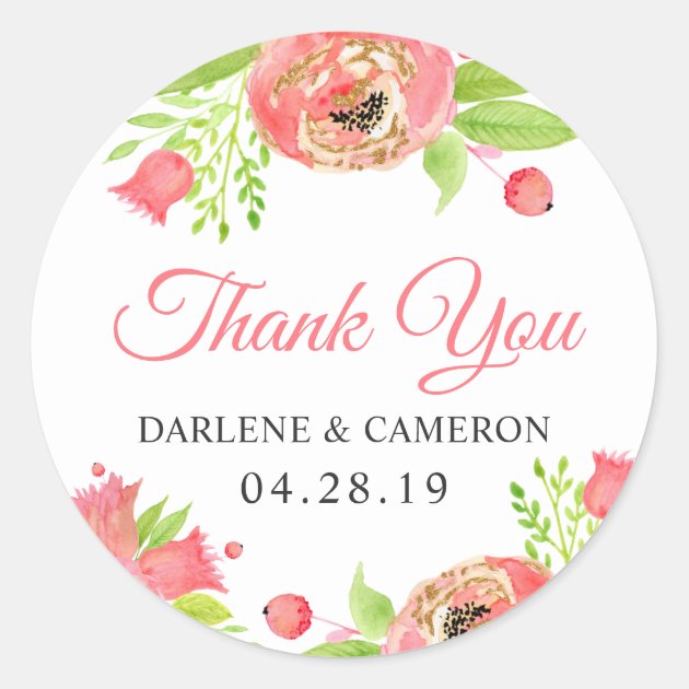 Romantic Coral Pink Blossom Flowers Thank You Classic Round Sticker