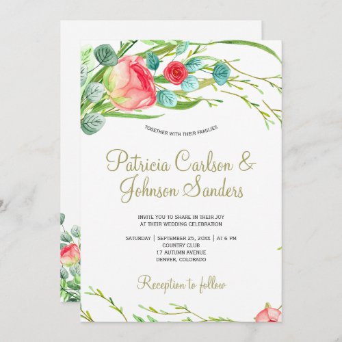 Romantic coral red blush roses wreath wedding invitation