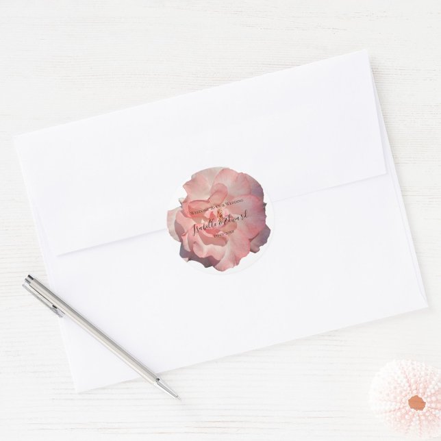 Romantic Coral Rose Floral Wedding Stationery Classic Round Sticker (Creator Uploaded)