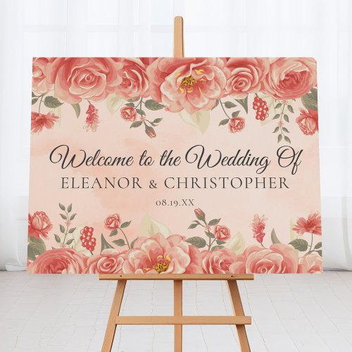 Romantic Coral Rose Watercolor Wedding Welcome Foam Board