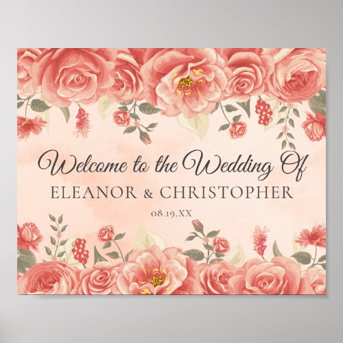 Romantic Coral Rose Watercolor Wedding Welcome Poster