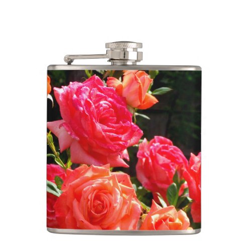 Romantic Coral Roses Hip Flask