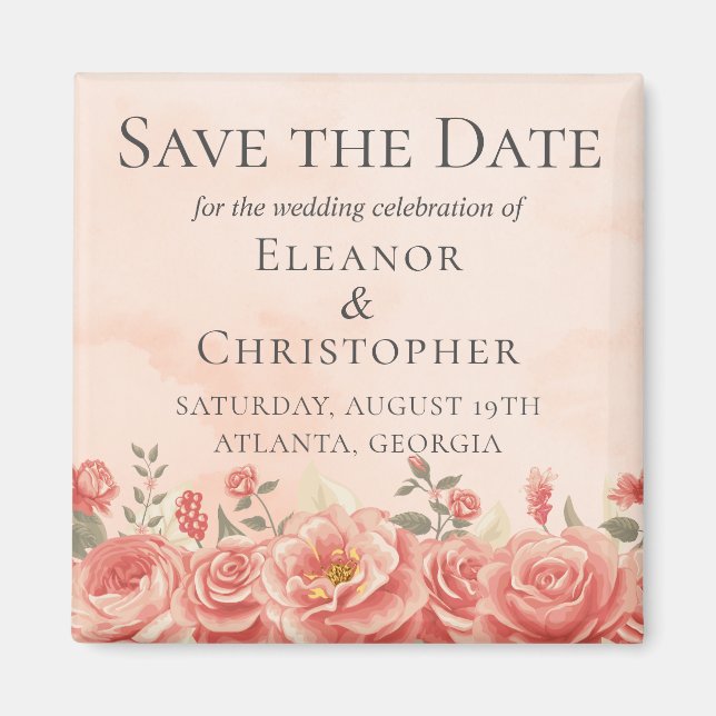 Romantic Coral Roses Peach Floral Save the Date Magnet (Front)