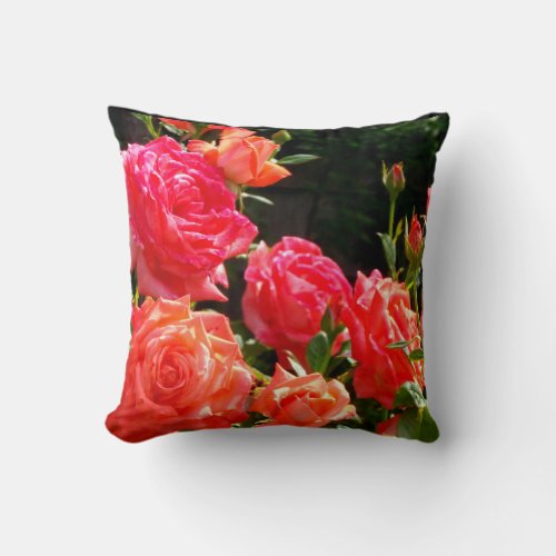 Romantic Coral Roses Throw Pillow