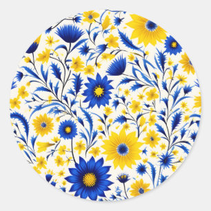 Romantic Cornflower Blue and Yellow Floral Classic Round Sticker