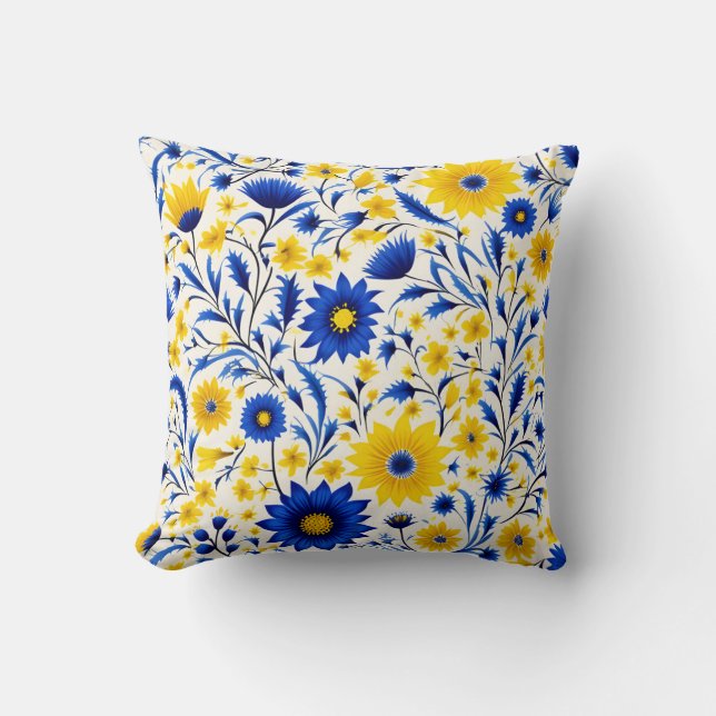 Romantic Cornflower Blue and Yellow Floral Throw Pillow (Front)