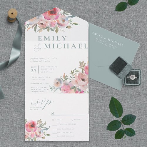 Romantic Cottage Flowers Blush Blue Sage All In On All In One Invitation