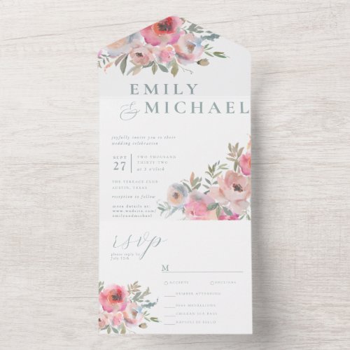 Romantic Cottage Flowers Blush Blue Sage All In One Invitation