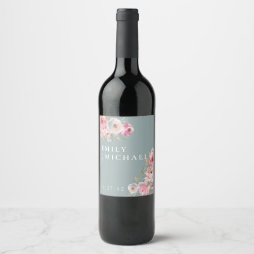 Romantic Cottage Flowers Blush Blue Sage  Wine Label