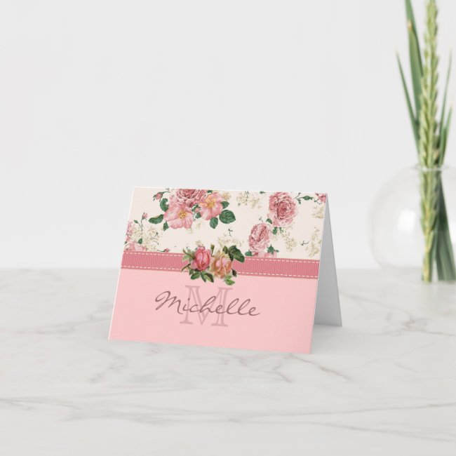 Romantic Cottage Rose Name and Monogram Note Card