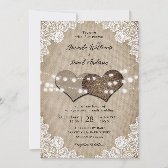 Romantic Country Burlap Lights Floral Lace Wedding Invitation (Front)