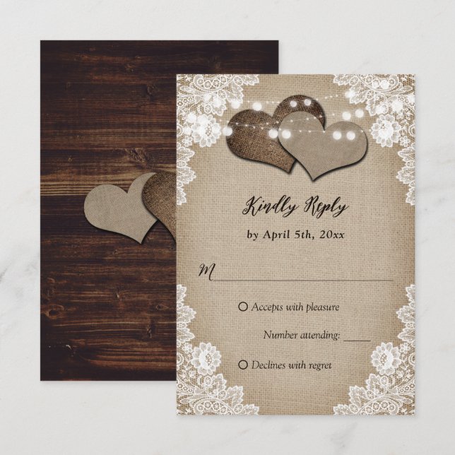 Romantic Country Burlap Wood Floral Lace Wedding RSVP Card (Front/Back)