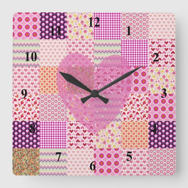 Romantic Country Style Pink Patchwork Heart Design Square Wall Clock (Front)