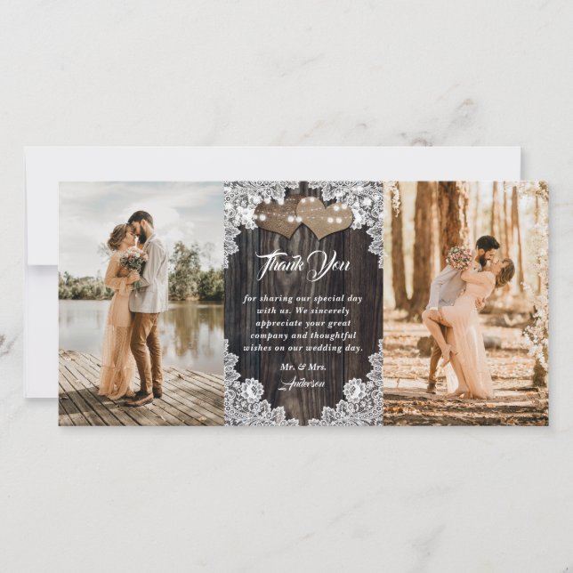 Romantic Country Wood Floral Lace Wedding Photo Thank You Card (Front)