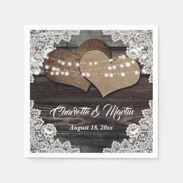 Romantic Country Wood Hearts Floral Lace Wedding Napkins (Front)