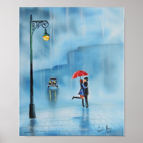Romantic couple and a red umbrella poster
