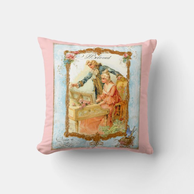 Romantic Couple at Harpsicord & Bluebird Throw Pillow (Front)