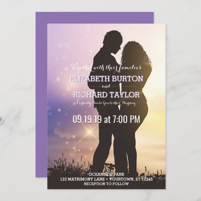 Romantic Couple Beach Wedding Purple Invitation (Front/Back)