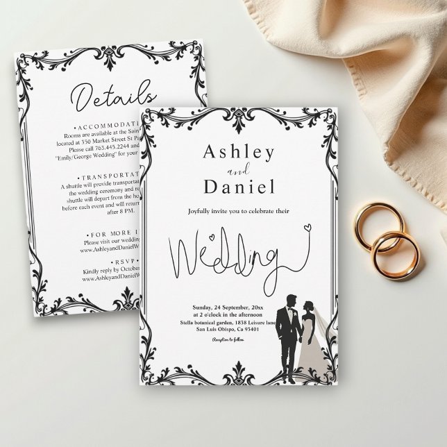 Romantic Couple Black And White Delicate Wedding Invitation (Creator Uploaded)