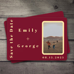 Romantic Couple Burgundy Gold Photo Wedding Save The Date