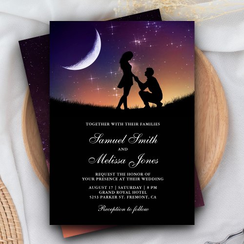 Romantic Couple Crescent Moon and Stars Wedding Invitation