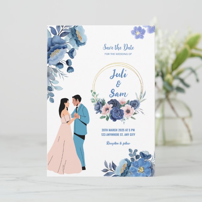 Romantic Couple Dancing Design Blue Floral Wedding Invitation (Standing Front)