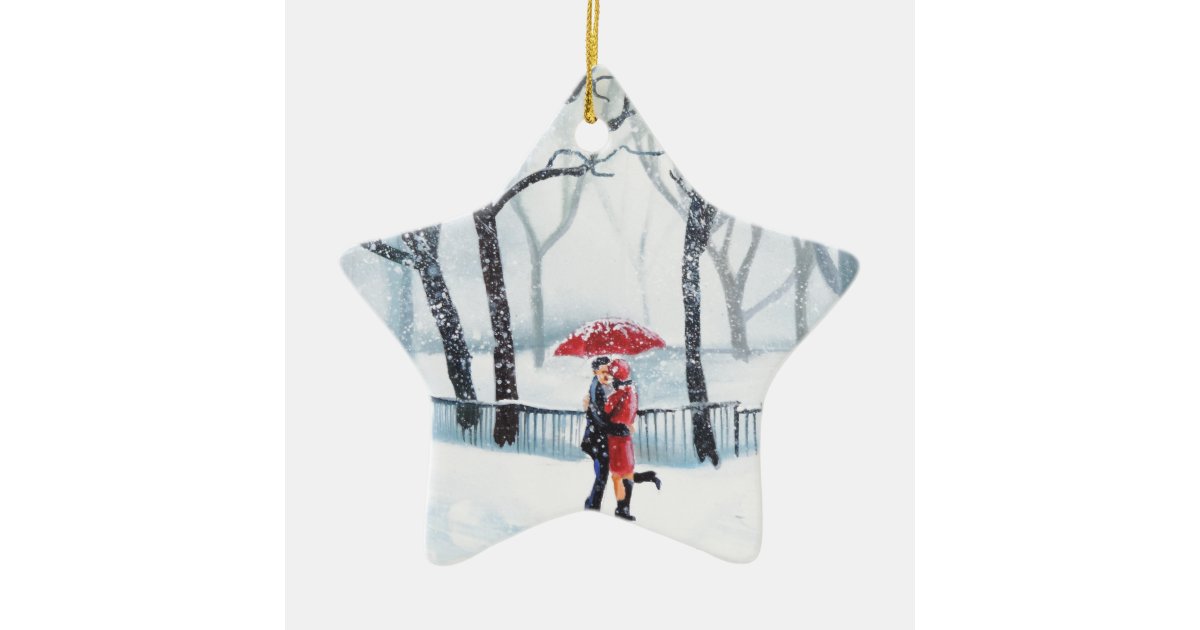 Romantic Couple Dancing In The Snow Red Umbrella Ceramic Ornament