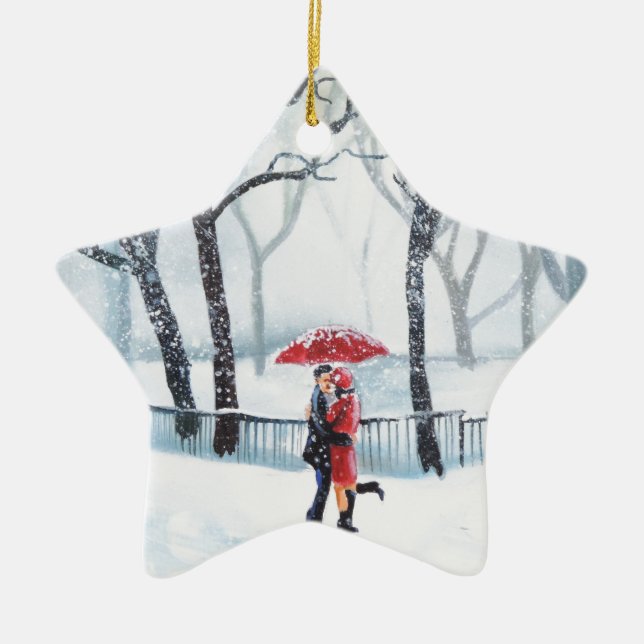 Romantic couple dancing in the snow red umbrella ceramic ornament (Front)