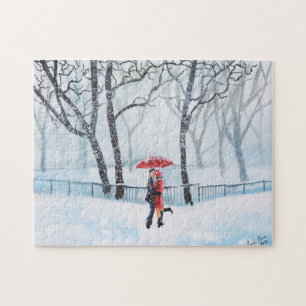 Romantic couple dancing in the snow red umbrella jigsaw puzzle