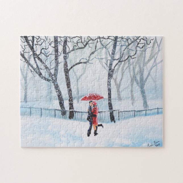Romantic couple dancing in the snow red umbrella jigsaw puzzle (Horizontal)