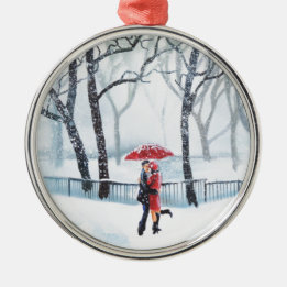 Romantic couple dancing in the snow red umbrella metal ornament