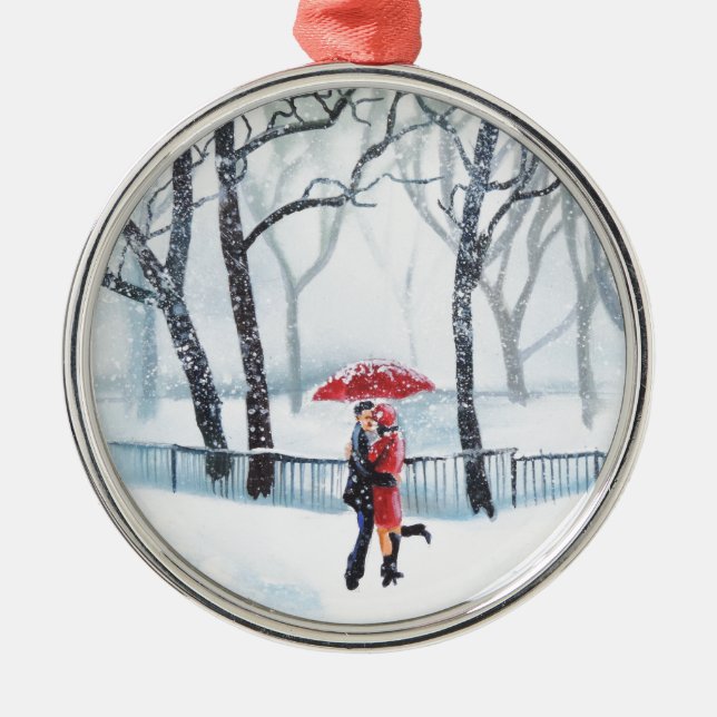 Romantic couple dancing in the snow red umbrella metal ornament (Front)