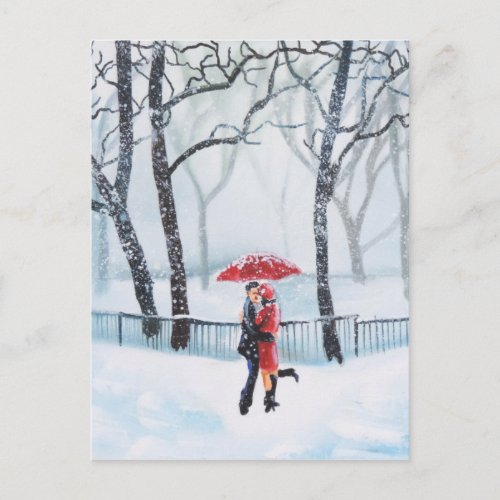 Romantic couple dancing in the snow red umbrella postcard