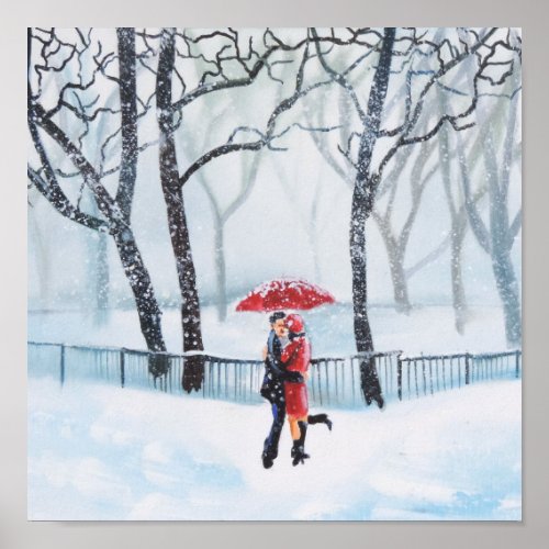 Romantic couple dancing in the snow red umbrella poster