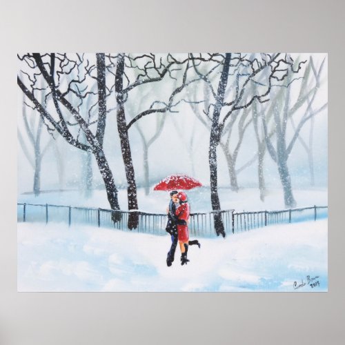 Romantic couple dancing in the snow red umbrella poster