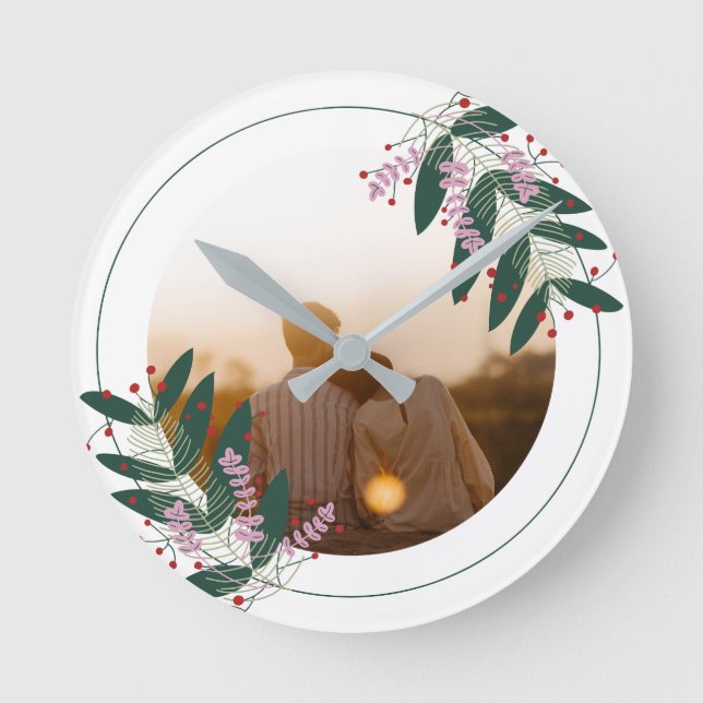 Romantic Couple Floral Wreath Round Pillow Clock (Front)