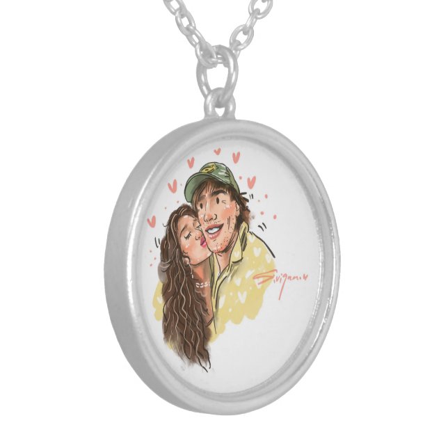 Romantic Couple Illustration Locket Necklace (Front Left)