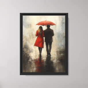 Romantic Couple in Rain with Red Umbrella Canvas Print